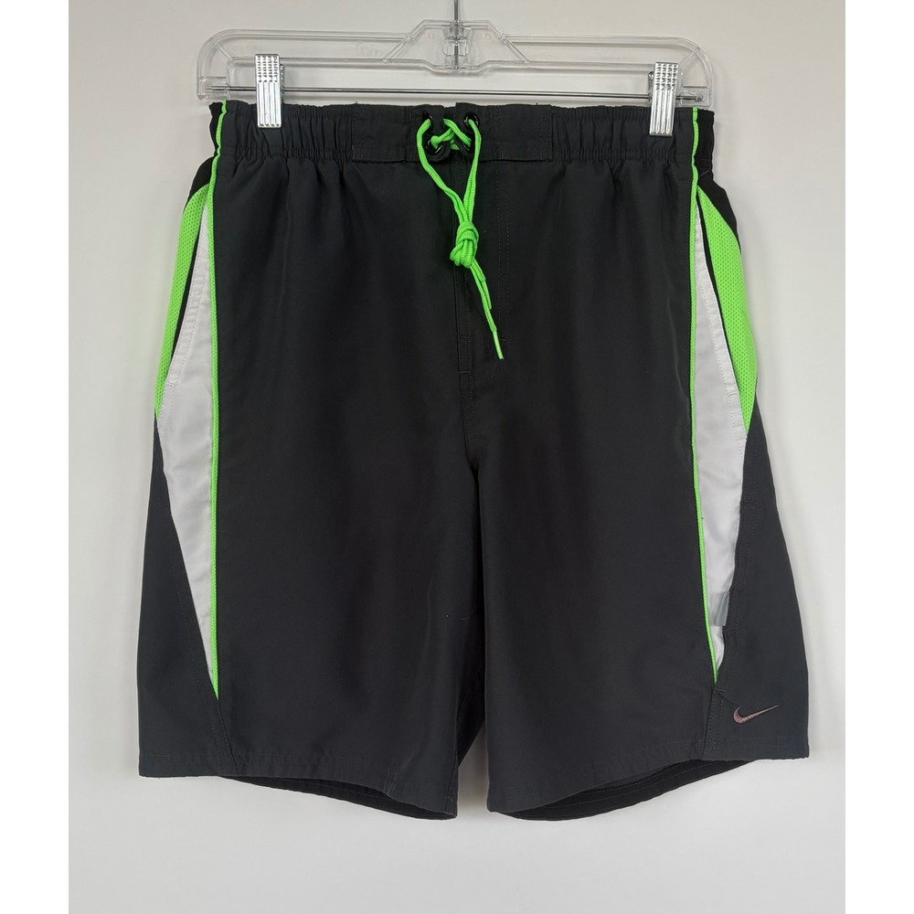 Nike Mens Swim Trunks Board Shorts Black Neon Green Grey Size Small Mesh Liner